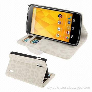 White Leopard Texture Leather Case with Credit Card Slot and Holder, for LG E960/Nexus 4